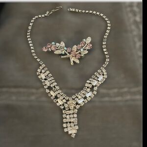 Elegant Vintage  Choker Rhinestone  Necklace and  Brooch Set